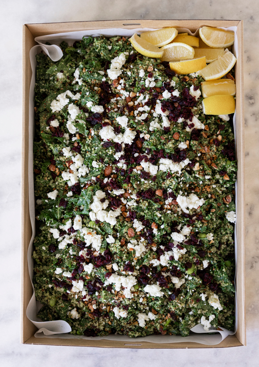 Green salad, kale, edamame, quinoa, cranberries, almonds, goat's feta, green goddess dressing